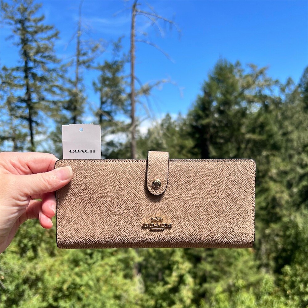 COACH Crossgrain Leather Bifold Slim Wallet Card Holder Taupe with Gold Hardware